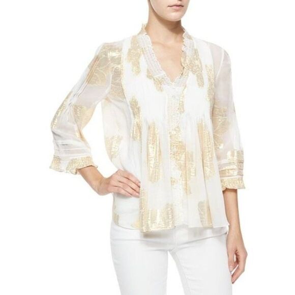 Diane von Furstenberg Layla Foil-Print Top Ivory/Gold size 2 - Picture 1 of 6